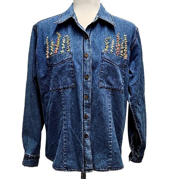 Woolrich Vintage Upcycled Embroidered Denim Shacket with 3D Floral Design Size L - Picture 1 of 10